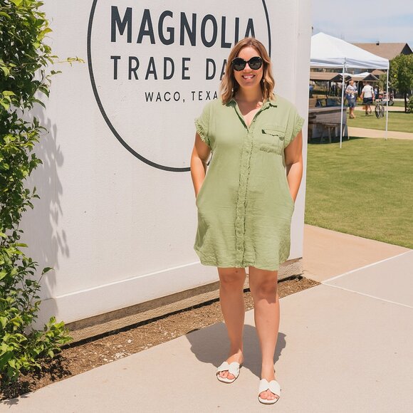 Umgee Light Green Button-Up Dress - Picture 1 of 2